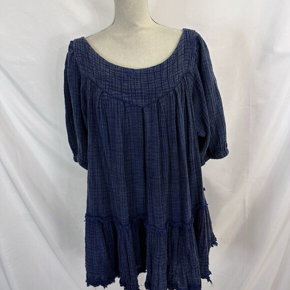 Free People Mystery Land Mini Dress Tunic Women’s MEDIUM Blue Fringe Hem Flowy - Picture 2 of 8